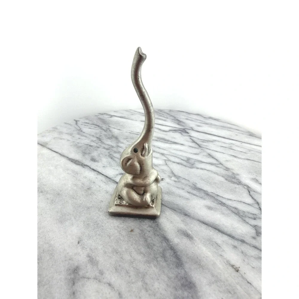 Vintage Elephant Ring Holder Green Rhinestone Eyes Good Luck Trunk Up Ring Tree